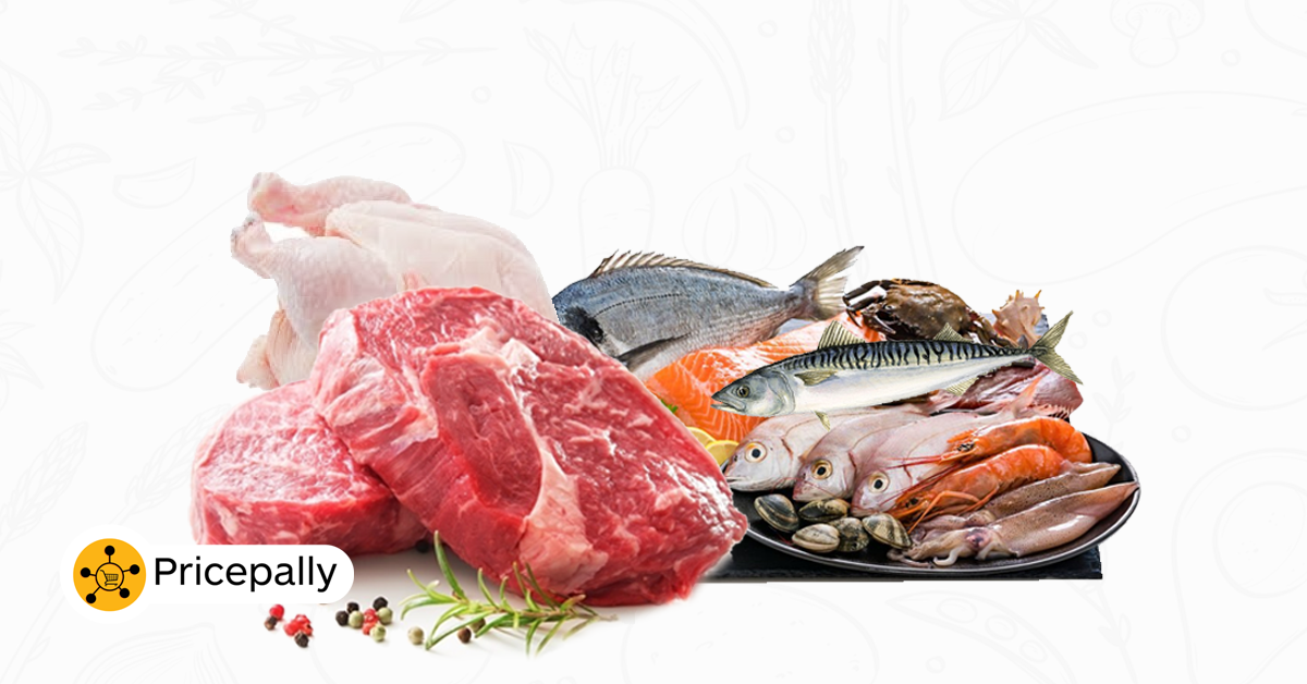 meat, seafood, fish available for sale on Pricepally