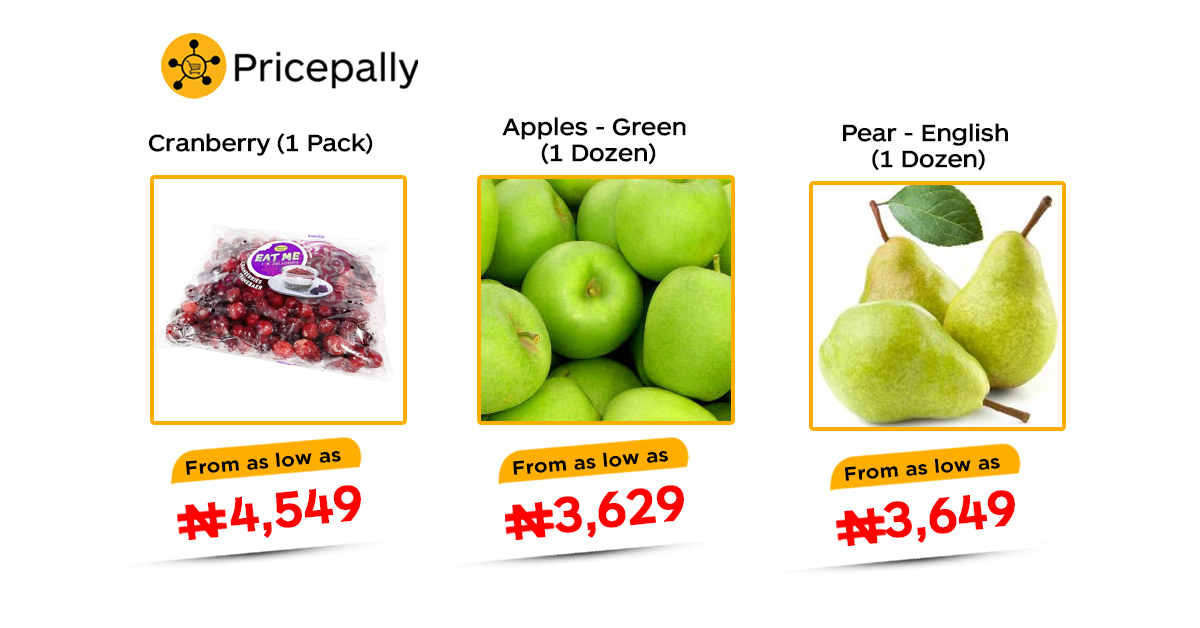 The prices of ulcer-friendly fruits: cranberry, green apples, and pear, on Pricepally