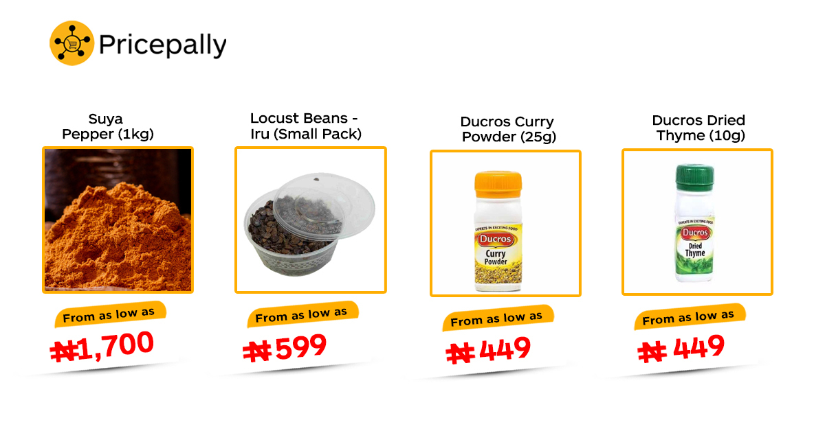 Prices of seasonings, such as pepper suya, locust beans, curry. and thyme, on Pricepally
