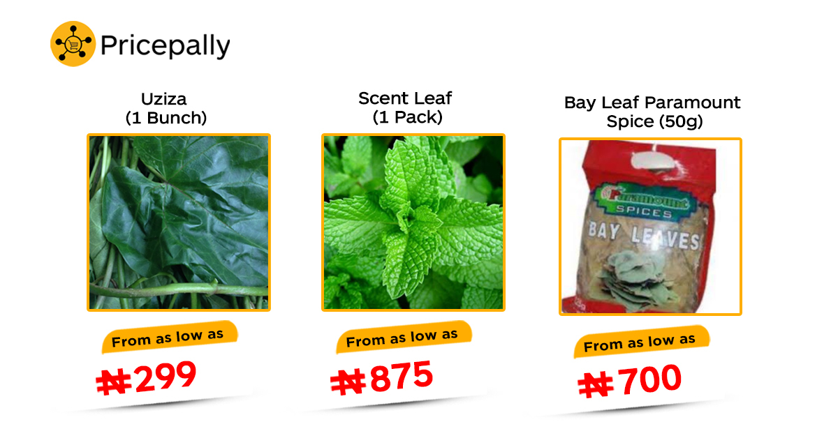 Prices of spices, such as uziza leaves, scent leaf, and bay leaf, on Pricepally