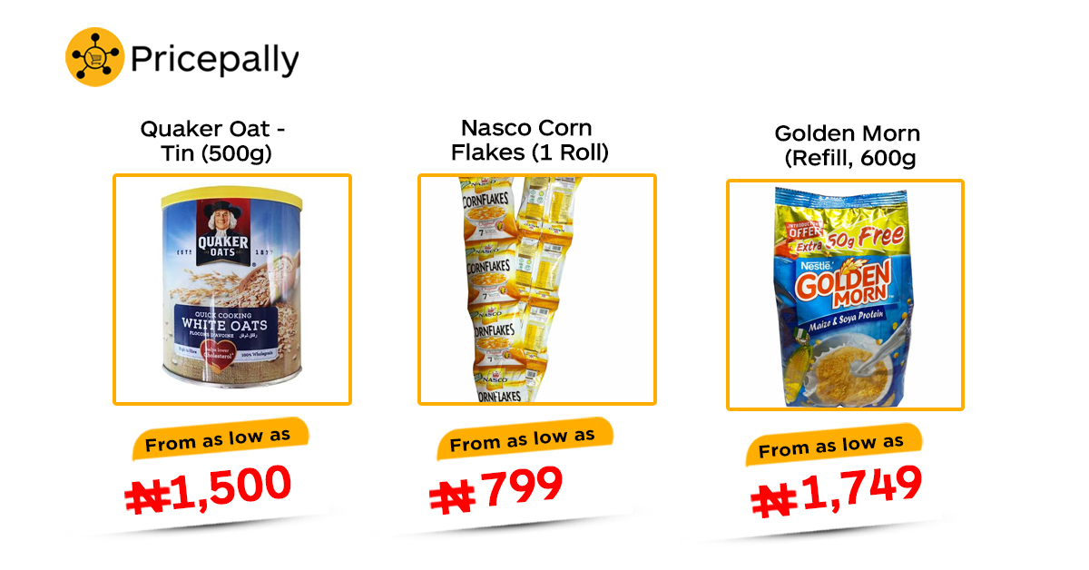 The prices of cereals---Quaker oats, corn flakes, and golden morn---on Pricepally