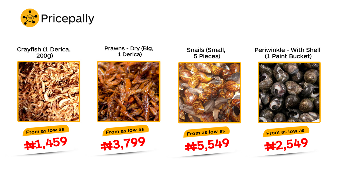 Prices of selected seafood products, such as crayfish, prawns, snails, and periwinkles, on Pricepally 