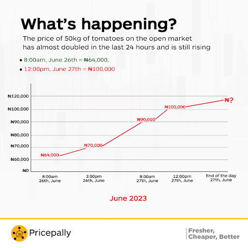 Tomato prices increased almost hourly shortly before Eid-al-Adha celebrations in June 2023. 