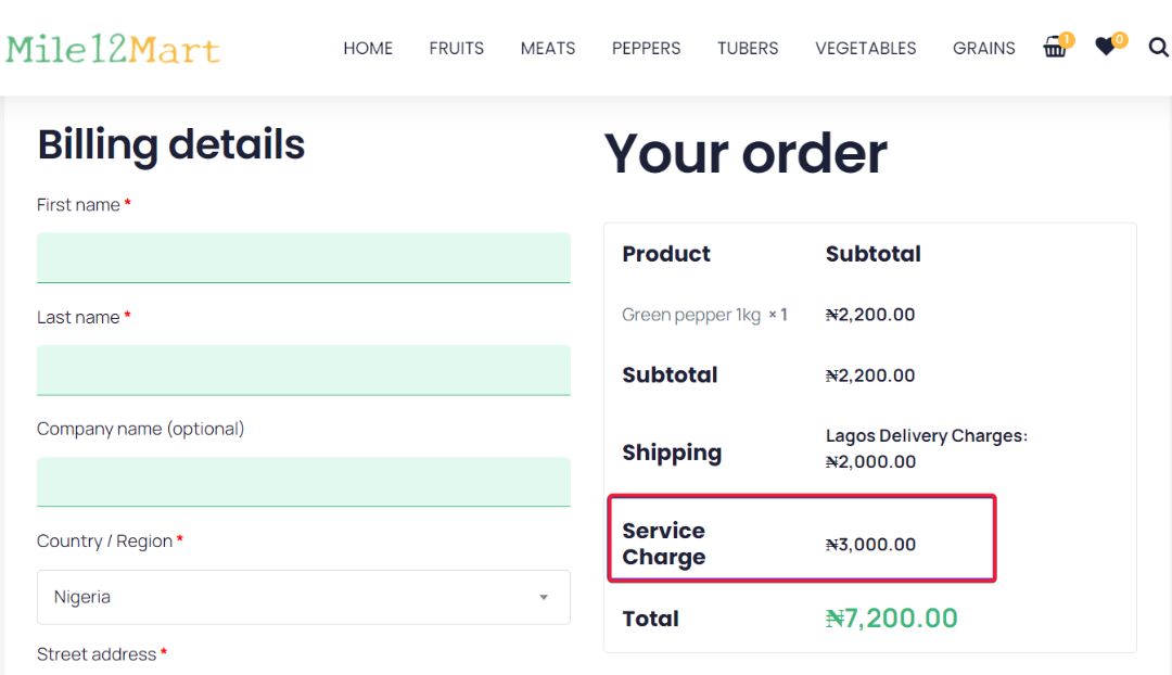 Mile 12 Mart order summary highlighting their delivery fee and mandatory service charge