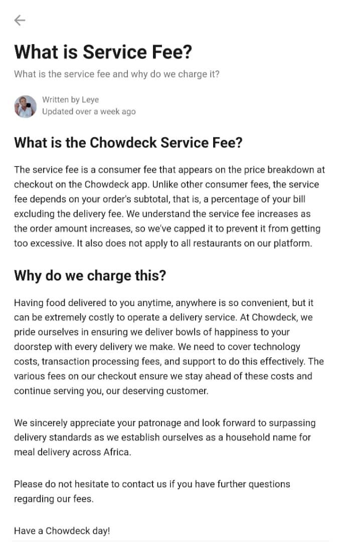 Chowdeck service fee