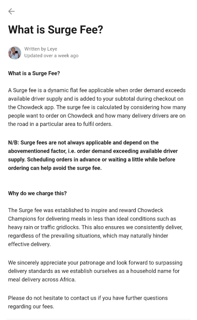 Chowdeck surge fee