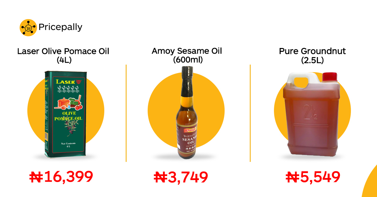Prices of healthy cooking oils, such as olive oil, sesame oil, and groundnut oil, on Pricepally